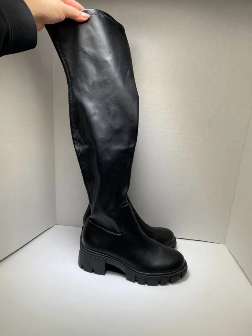 Steven New York Hylda Over-The-Knee Boots Black Size 7 Chunky Heel Stretch Shaft